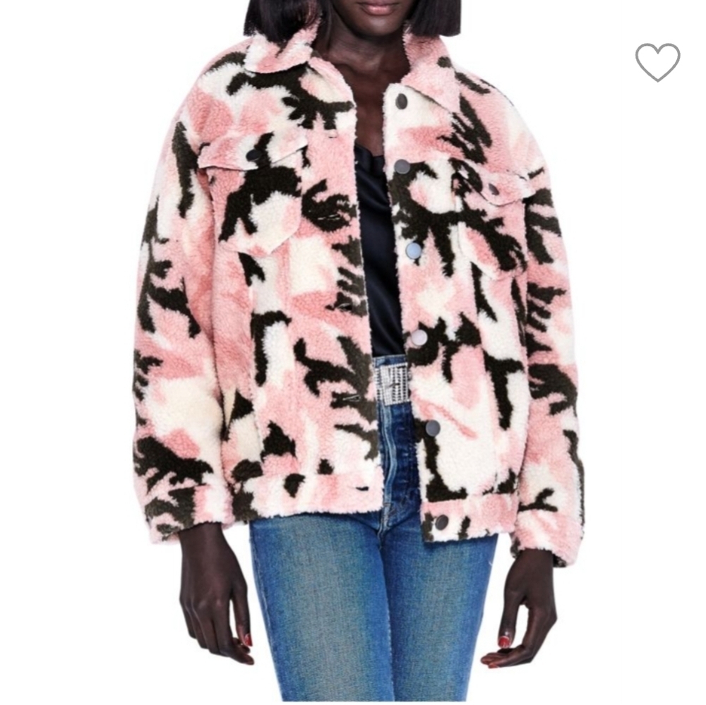Apparis, Teresa Camo Faux Shearling Jacket, Pink/Brown/Cream, Size Small